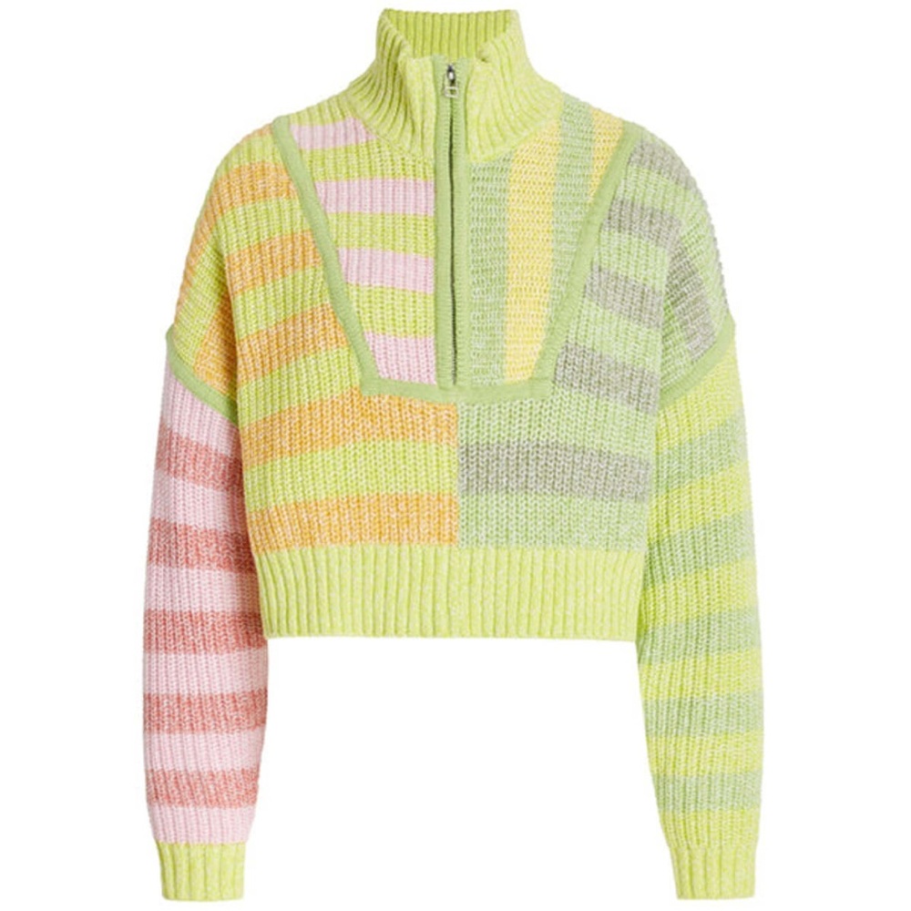 STAUD Cropped Striped Half-Zip Sweater in Pastel Green, Pink, Yellow
